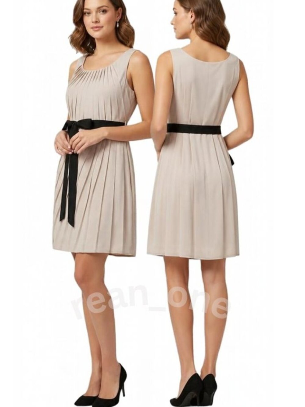 Lush Women's Shuttered Tuck With Black Sash Belt Cream Dress Size Medium